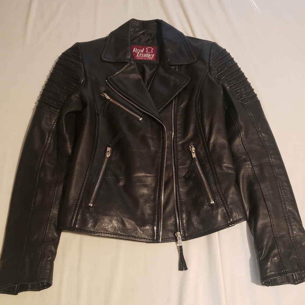 Brand New Real Leather Fitted Black Moto Biker Jacket Size M (Could fit S or XS)